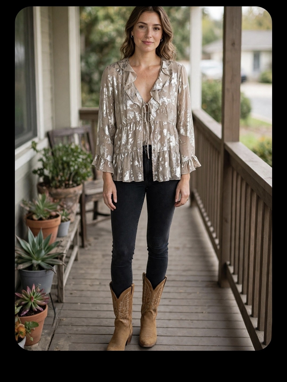 Cato Taupe Floral Tie-Front Ruffle Tunic